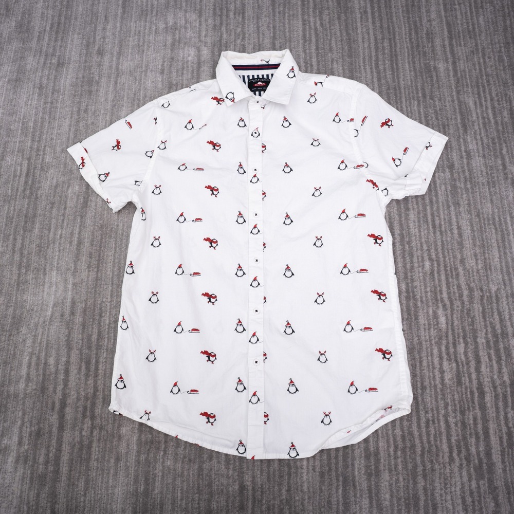 Denim & Flower Button Up Shirt Mens Small White Excellent Penguin Holiday